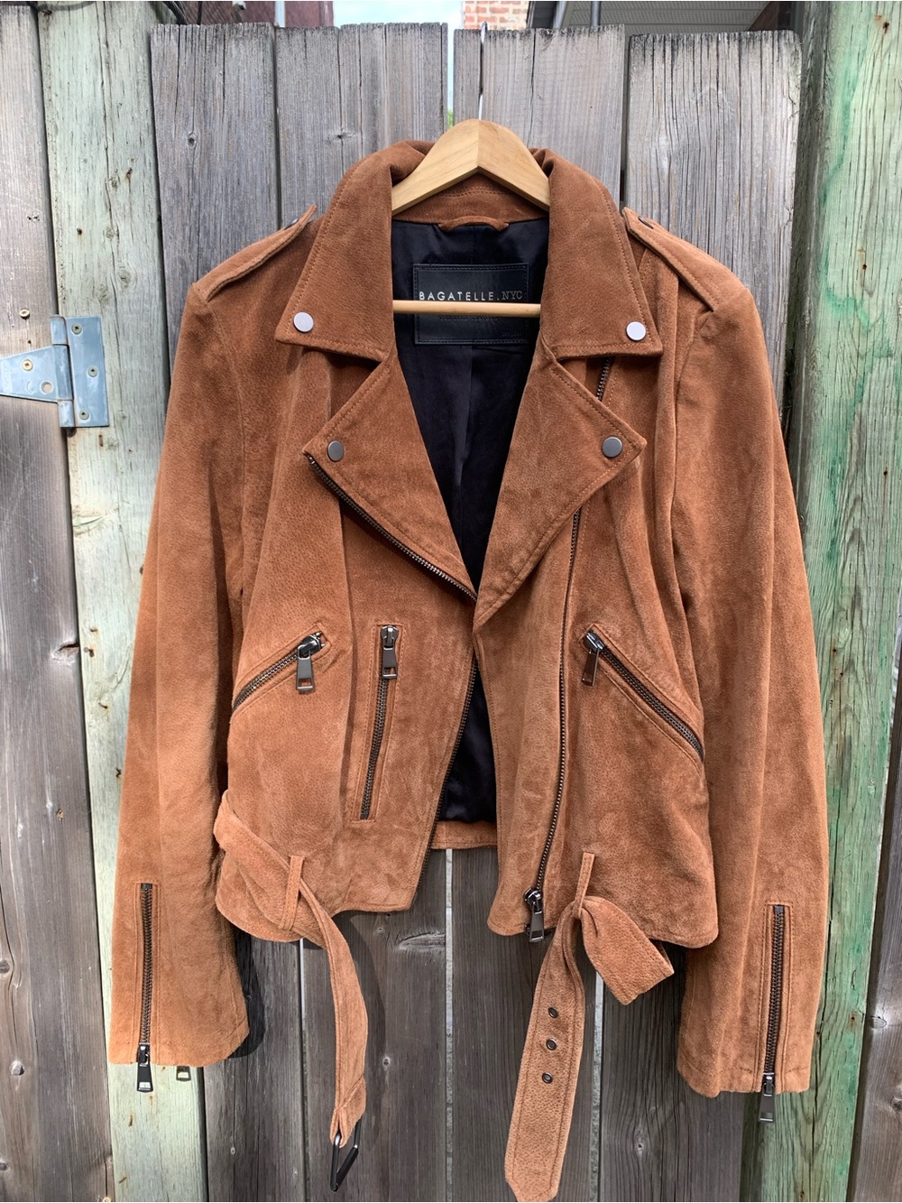 Bagatelle.NYC 100% Genuine Suede Moto Biker Jacket - Camel Brown - Size L/M